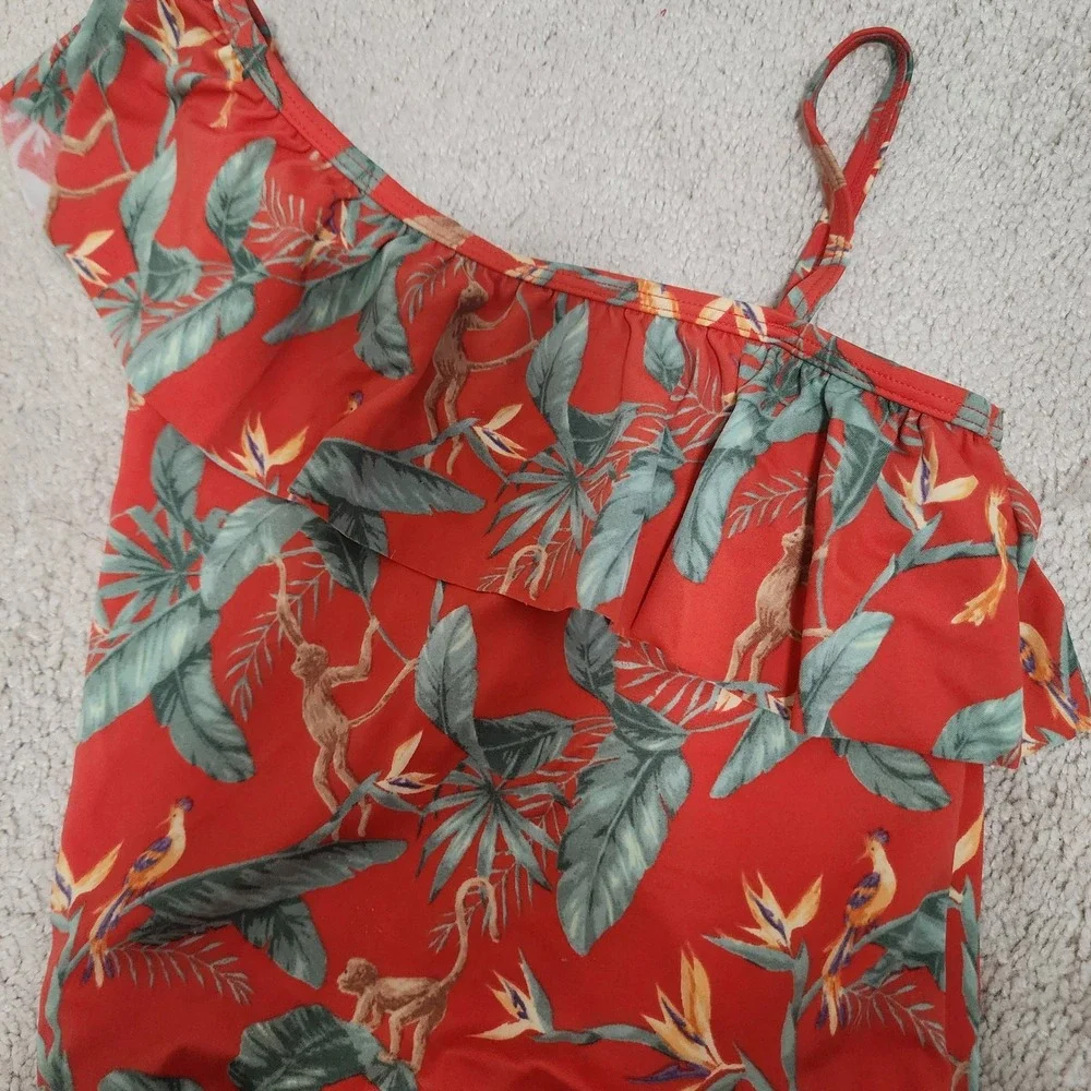 Janie and Jack Girls Swimsuit Size 5 One Shoulder Ruffle Monkey Floral Red‎